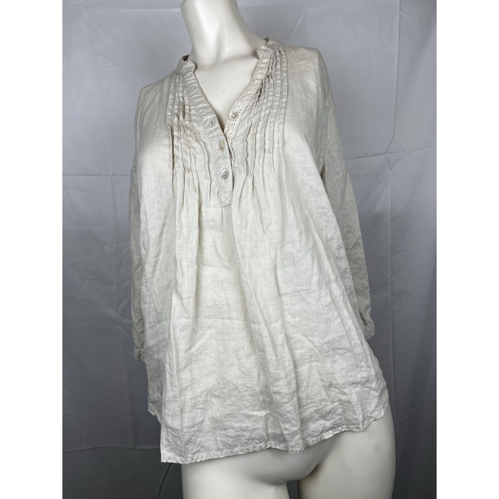 Malvin I Love Linen Shirt Top V Neck Button 3/4 Sleeve Light Beige Large